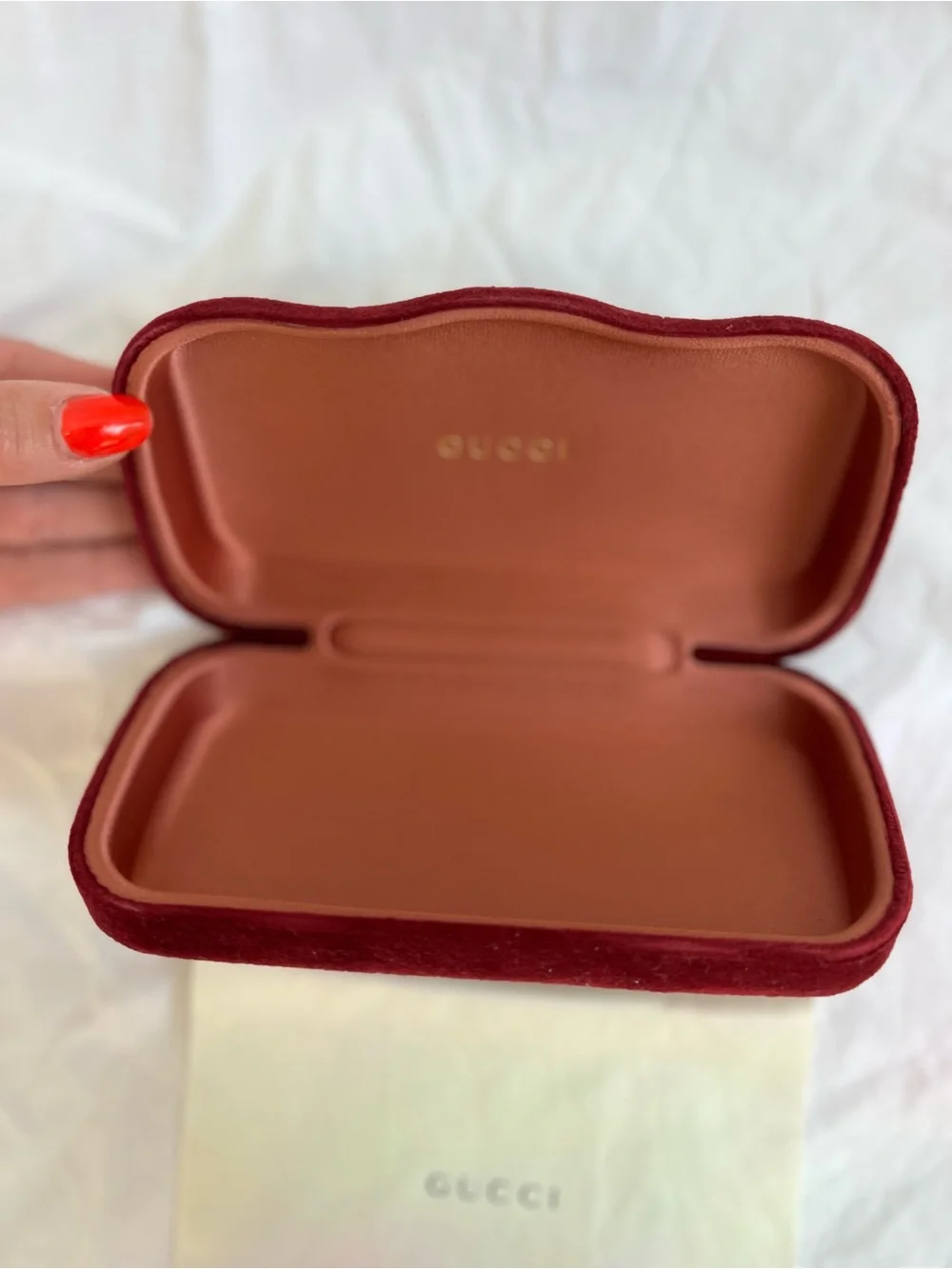 Gucci Burgundy Velvet Hard Sunglasses Eyeglasses Case + Cleaning Cloth